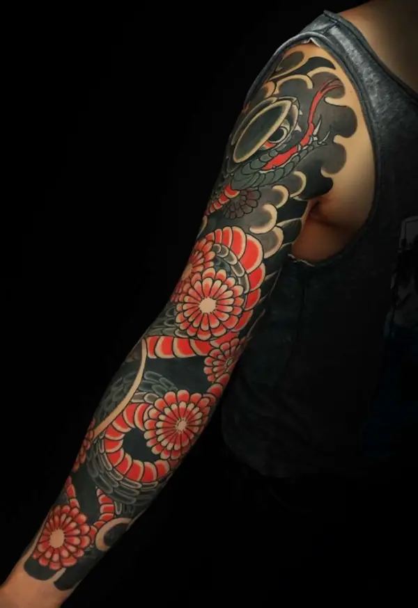 Manchette complète (Nagasode) avec serpent et chrysanthèmes (Kiku) dans le style Irezumi, réalisée au studio Nuevo Mundo près de la frontière suisse