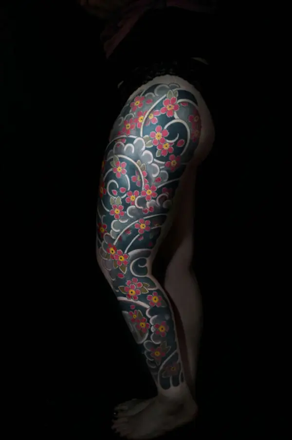 Tatouage Irezumi sur la jambe avec fleurs de cerisier et vent